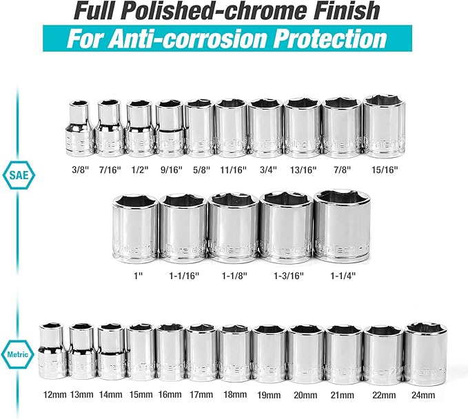 DURATECH 1/2" Drive Socket Set, 33-piece, Including Metric/SAE Sockets, 1/2-Inch Ratchet, Breaker Bar and Socket Adapters