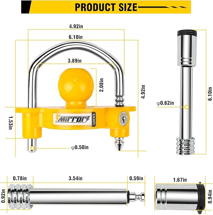 3mirrors Trailer Hitch Locks - Ball Hitch Lock + 2 Hitch Pin Lock Fits 1-7/8 Inch, 2 Inch, 2-5/16 Inch Couplers for Trailer Truck Car Boat