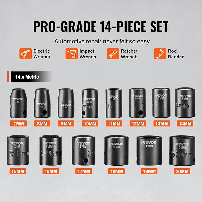 VEVOR 3/8" Drive Impact Socket Set, 14 Piece Shallow Socket Set Metric 7-20mm, 6 Point Cr-Mo Alloy Steel for Auto Repair, Easy-to-Read Size Markings, Rugged Construction, Includes Storage Case