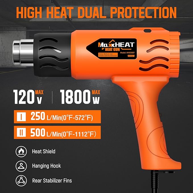 Heat Gun - Dual Protection Fuses 1800W Heavy Duty Hot Air Gun 2 Temperature Settings 572℉&1112℉ for Shrink Tubing & Crafts, Included Reflector Nozzle for Shrinking PVC, Crafting, Resin, Vinyl Wrap