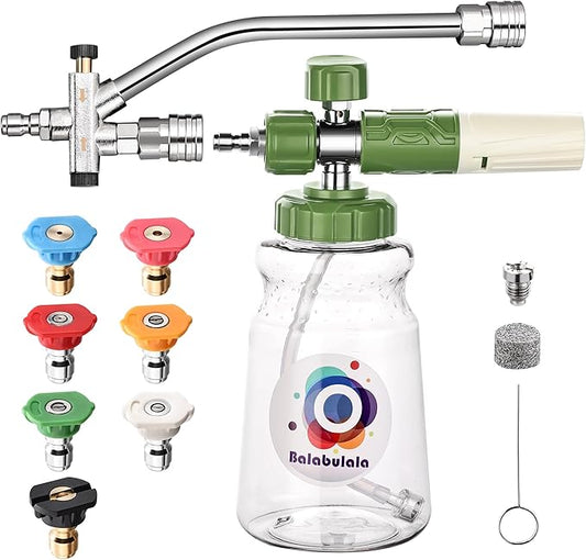 Dual Connector Accessory with Pressure Washer Foam Cannon, Balabulala Pressure Washer Double Tip Attachment for Foam Blaster with with 5 Power Washer Sprayer Nozzles, 1/4" Quick Connect, 3600 PSI