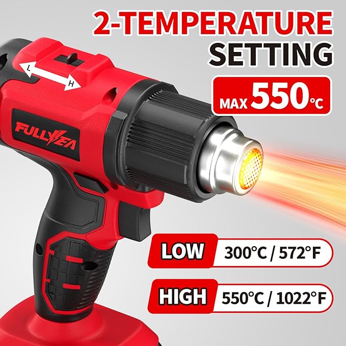 FULLYEA Cordless Heat Gun, Max 550°C (1022°F), Hot Air Gun Kit with 5 Nozzles & 2x4.0Ah Batteries, Fast Heating, 2-Temperature Setting, Portable Heat Gun for Shrink Tubing, PVC Wrap, Crafts (Red)