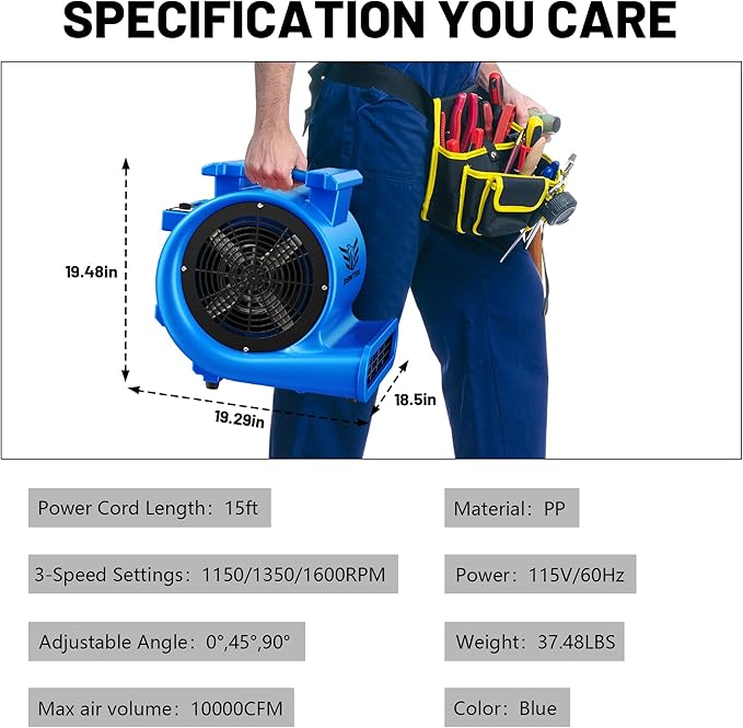 Air Mover Blower Fan, Industrial 1.5HP MAX10000CFM Monster Floor Blower Carpet Dryers - 3 Speeds, 4 Adjustable Angles, 15FT Long Cord, Stackable Blue- 2026 Upgraded