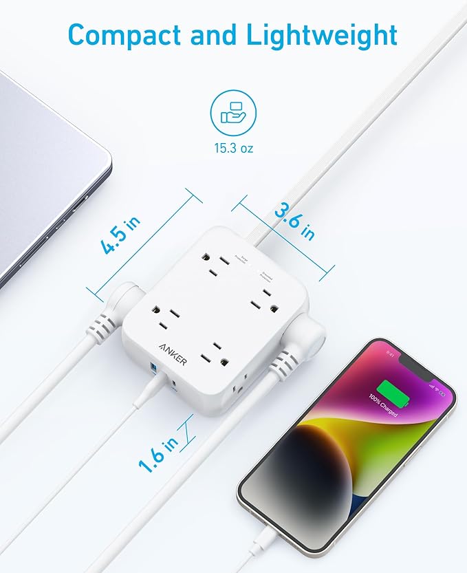 Anker Power Strip with 2000J Surge Protector, Flat Plug Extension Cord with Multiple Outlets, 8 AC, 2 USB A & 1 USB C Port for 20W, 5ft Outlet Extender, Dorm Room Essentials, Home Office, TUV Listed