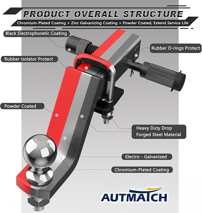 AUTMATCH Trailer Hitch Ball Mount with 2 Inch Hitch Ball - Fits 2" Receiver with Hitch Tightener, 8000Lbs Capacity Ball Hitch, 6-Inch Drop with 5/8" Hitch Lock Pin, Red