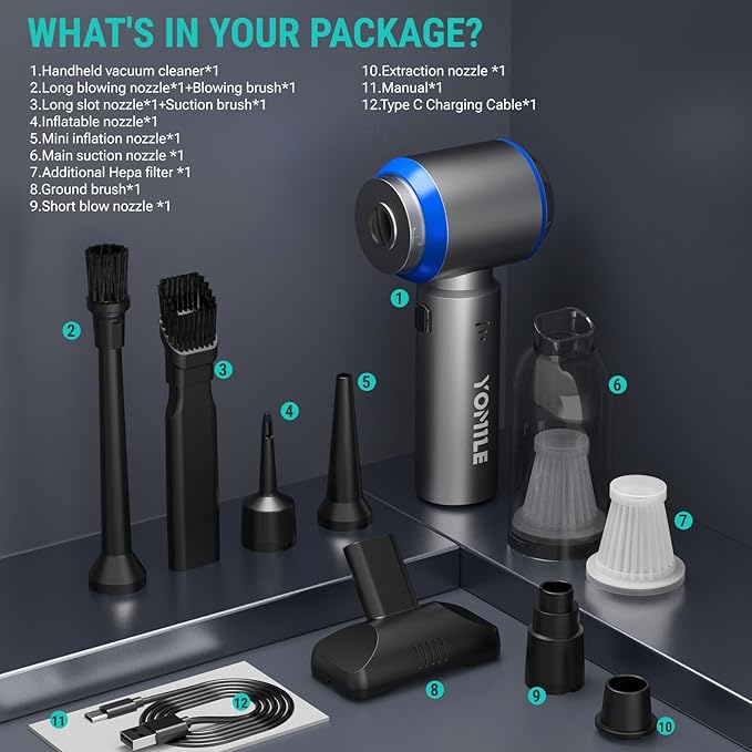 Mini Vacuum Cleaner, 2 in 1 27000PA Brushless Car Vacuum &250000RPM Air Duster 9000mAh Battery Air Blower Wireless Handheld Vacuum for Car,Office and Home (27Kpa)