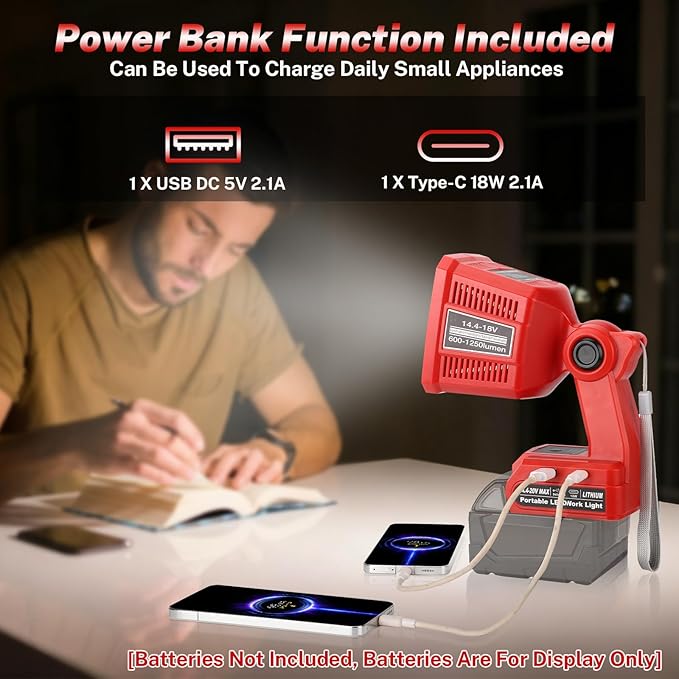 Flashlight Work Light for Milwaukee M18 18V Battery, 18W Work Lights with USB & Type-C Output, Portable Flashlight 1250LM Spotlight & Floodlight 2-1 for Home & Garage Repair (No Battery)