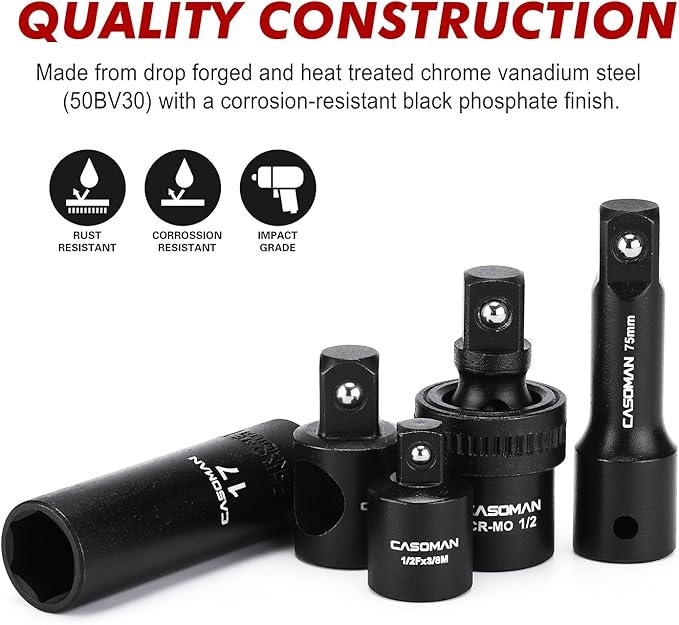 CASOMAN 1/2" Drive Master Impact Socket Set, 38 Piece Deep, Standard SAE (3/8" To 1-1/4") & Metric (10-32 mm) Sizes, Includes Extension Bar (3, 5, 10-inch), Adapters & Ratchet Handle, CR-V