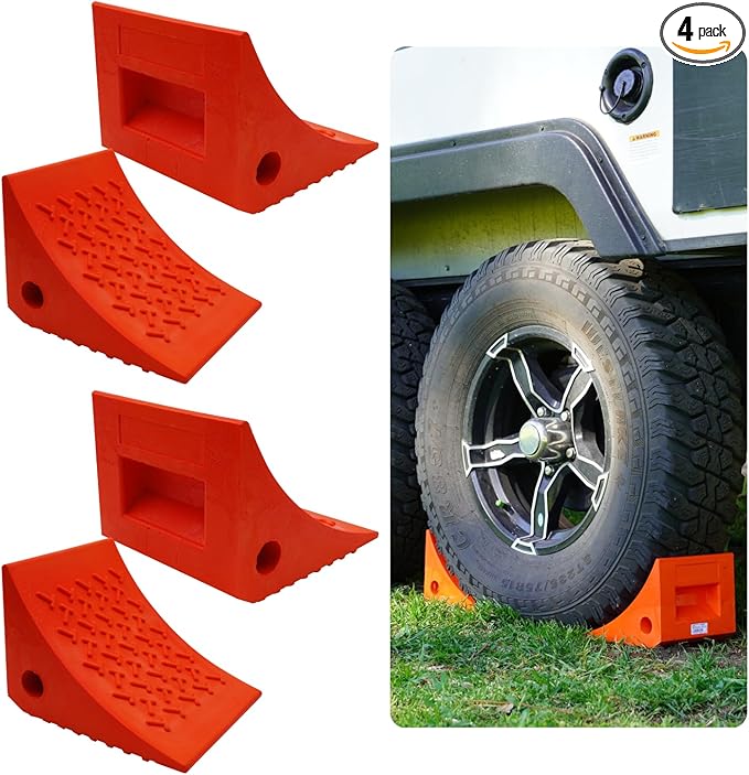 SECURITYMAN 4 Pack Wheel Chocks - Constructed of Heavy Duty Solid Polyurethane Rubber for 20,000 lbs - Great for RV, Camper, Truck, Travel Trailer Wheel Chocks - All Surfaces and All Weather - Orange