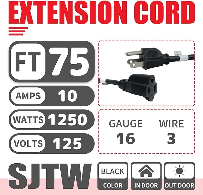EP 75FT Black Outdoor Extension Cord, 16/3 SJTW Heavy Duty Waterproof, 3 Prong Grounded Plug, 13A 1625W 16AWG, Cold-Resistant Flexible Power Cable for Garden, Home, Christmas Lights