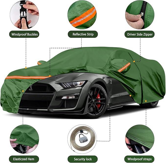Waterproof Car Covers Replace for 1994-2025 Ford Mustang, Multilayer Heavy Duty with Cotton Liner All Weather Car Cover with Zipper Door, Windproof Bands for Snow Rain Dust Protection (Mustang)