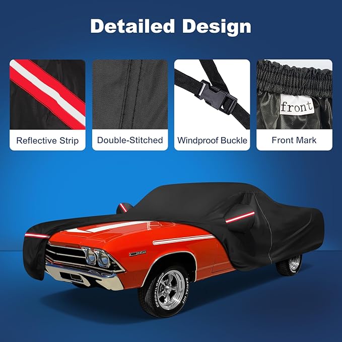 QUNSUNUS Car Cover for Chevrolet El Camino 1968-1977, Waterproof Car Covers with Cotton Lining,All Weather El Camino Cover with Straps and Zipper for Wind, Sun and Dust Protection