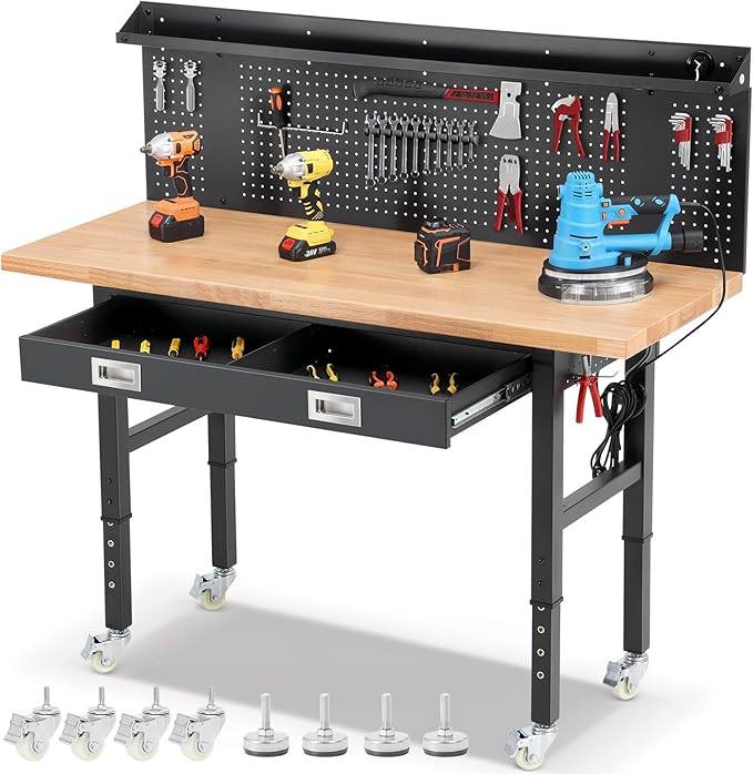 ENJOYWOOD 60" x 22'' Garage Workbench with Wheels Adjustable Height Rubberwood Work Table with Drawers, Pegboard, Power Outlets & LED Light Heavy Duty Rolling Workbench for Workshop & Home