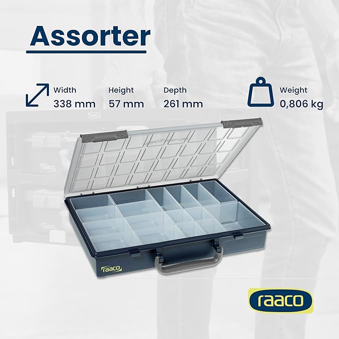 Raaco Assorter Tool Box Organizer – Full-Size – 17 Slots Adjustable Grid, Semi-Transparent Lid, Polypropylene (PP) Storage Box for Screws, Nuts and Bolts, Small Parts & Hardware (Assorter 55 4x8-17)