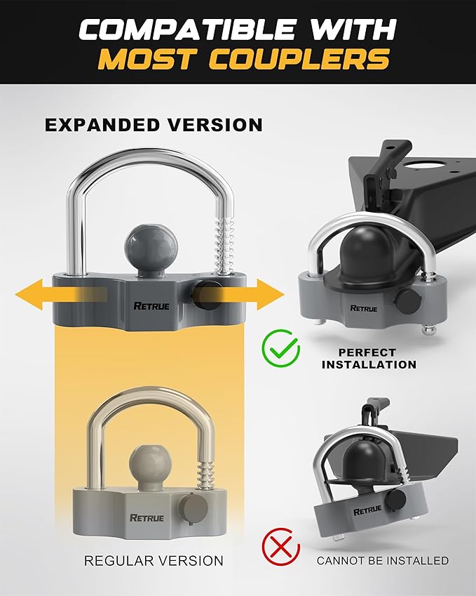 RETRUE Heavy-Duty Universal Widened Coupler Lock Fits 2-5/16 Inch Trailer Ball Locks Hitch Trailer Hitch Lock Adjustable Security Steel Fits 1-7/8 Inch, 2 Inch, 2-5/16 Inch Couplers, Upgraded Gray