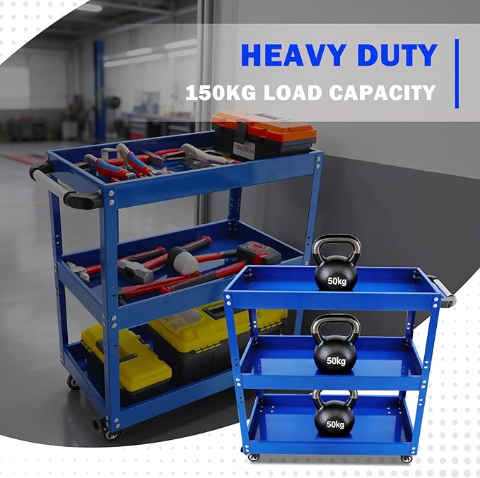 3 Tier Rolling Tool Cart with Wheel - Heavy Duty Metal Utility Shop Carts Organizer Mobile Tool Storage Service Small Work Cart for Maintenance Garage Mechanics Industrial