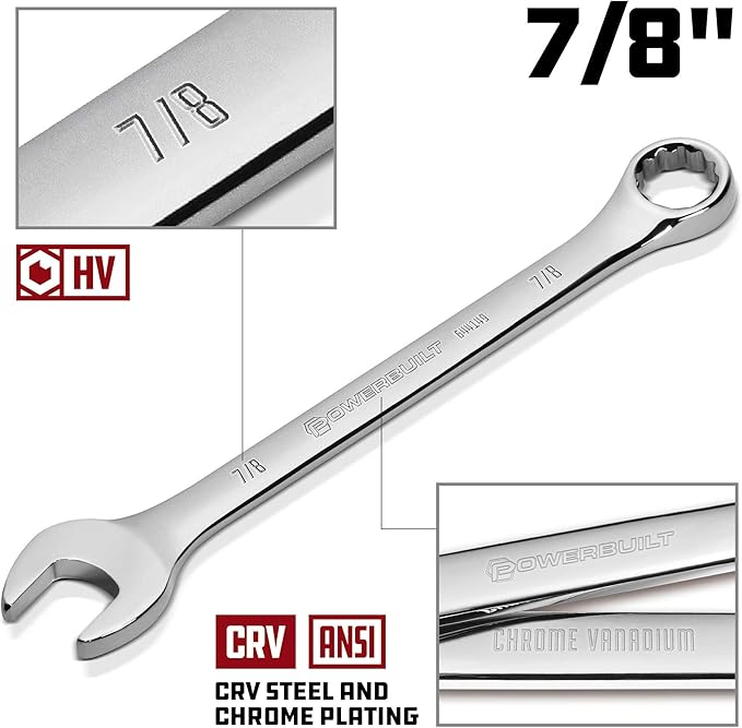 Powerbuilt 7/8-Inch Combination Wrench, SAE 12 Point Double Ended Box and Open End, Polished, 15 Degree Offset - 644149
