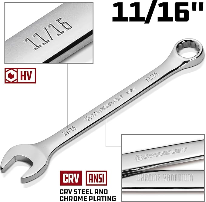 Powerbuilt 11/16-Inch SAE Combination Wrench, 12 Point Double Ended Box and Open End, 15 Degree Offset Polished - 640894