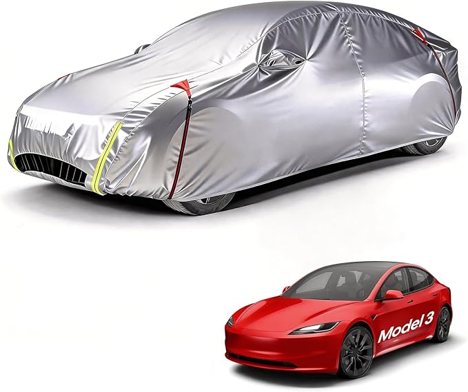Wigoo Tesla Model 3 Car Cover Accessories (2017–2026), Custom Fit All-Weather Outdoor, Waterproof UV Sun & Heat Protection, Ventilated Design, Windproof, Smooth Paint-Safe Lining, Charging Port Zipper