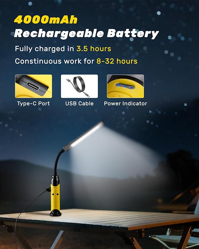 Magnetic LED Work Light Rechargeable,1000LM Flexible Gooseneck Magnetic Flashlight with Top & Base Magnets, Portable Mechanic Light for Auto Repair, Work Bench, Inspection, Emergency