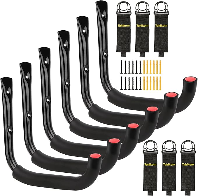 6 Set Garage Hooks - Wall Mounted, Heavy Duty, 7 Inch Large, Extension Cord Hanger, J Hooks for Ladder, Mowers, Cable Bracket - Black