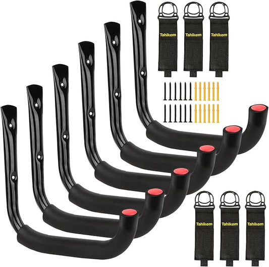 6 Set Garage Hooks - Wall Mounted, Heavy Duty, 7 Inch Large, Extension Cord Hanger, J Hooks for Ladder, Mowers, Cable Bracket - Black