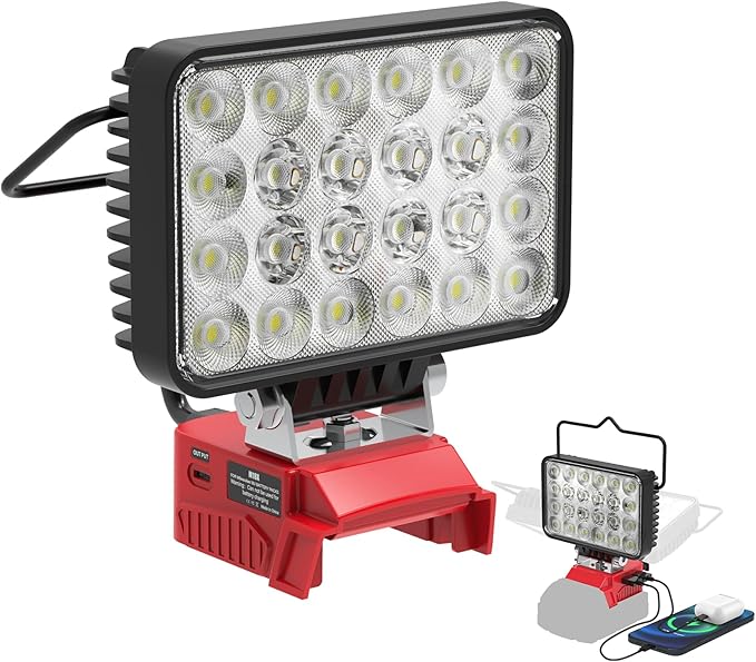 7200LM LED Work Light Compatible with Milwaukee 18V Battery, 72W Cordless Floodlight with 2 USB, 1 Type-C Port, Upgraded LED Light Low Voltage Protection Outdoor Lighting Adjustable 140°
