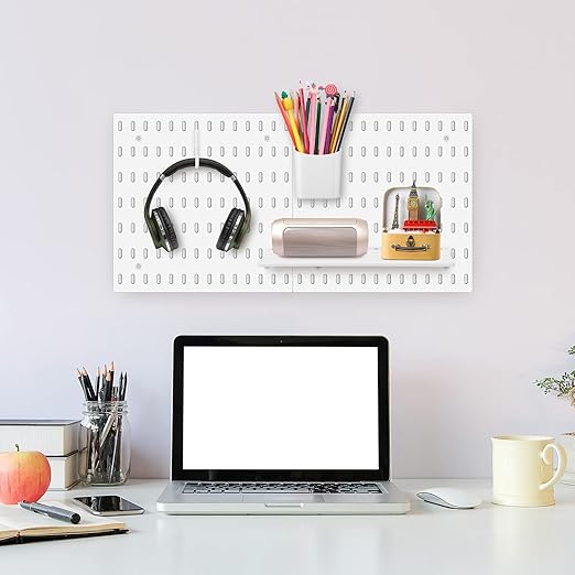 Unittype 17 Pcs Peg Board Combination Kit, 6 Plastic Wall Pegboard with 11 Accessories, 33" x 22" Desk Pegboard Organizer with Shelf Hook for Office, Kitchen, Gaming, Garage, Craft Room(White)