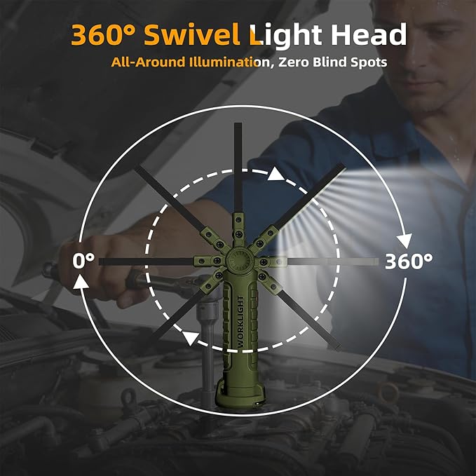 LED Work Light Rechargeable Flashlight, Tool Gifts for Fathers Day Dad Hubby Men Him Husband Mechanic Torch Grill Light Inspection Lamp Magnetic Base 5 Modes 360° Rotate Car Emergency Repair Green