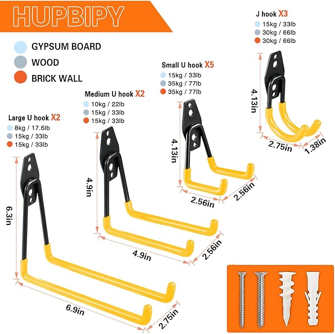HUPBIPY 12 Pack Garage Hooks Heavy Duty Utility Steel with Anti-Slip Coating Wall Mount Storage Organizer for Hanging Power and Garden Tools, Ladders, Hose, Bikes, Ropes, Bulk Items, and More