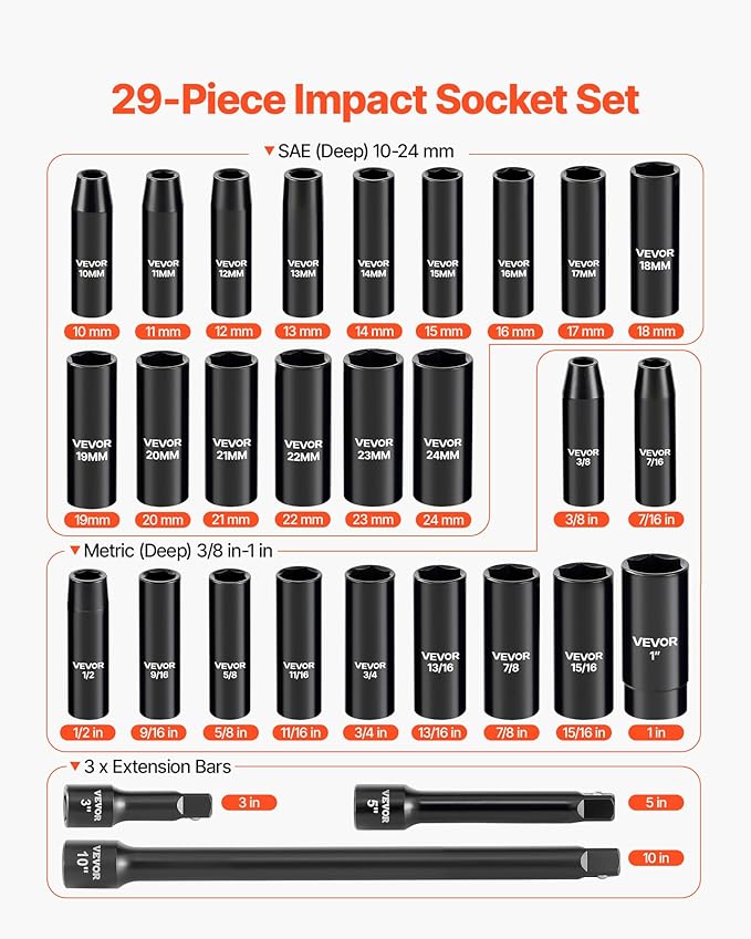 VEVOR 1/2" Drive Impact Socket Set, 29-Piece Deep Sockets Standard SAE (3/8 to 1 inch) and Metric (10 to 24 mm) Size, 6 Point, CR-V Steel, Extension Bars (3", 5", 10")