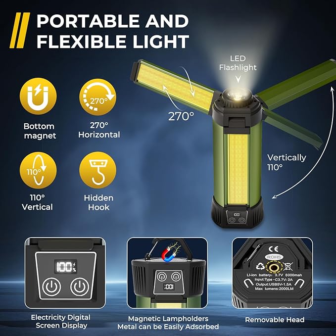 Rechargeable Work Light with Stand, Outdoor LED Cordless Camping Light with Portable Telescopic Bracket, 3.7 Ft Tall 6AH Battery, 2000 Lumen Construction Lights with Carrying Bag Green Medium