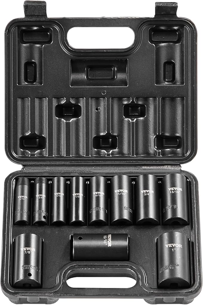 VEVOR 3/8" Drive Impact Socket Set, 11 Piece Deep Socket Set SAE 5/16"-1", 6 Point CR-V Alloy Steel for Auto Repair, Easy-to-Read Size Markings, Rugged Construction, Includes Storage Case