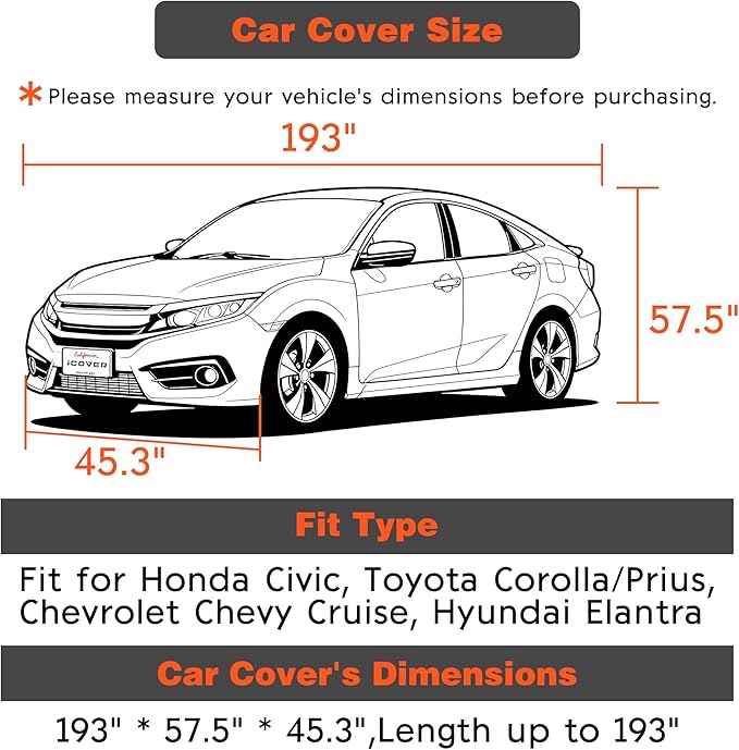 iCOVER Car Cover, Waterproof All Weather Car Covers for Honda Civic Toyota Corolla Chevy Cruze Kia Forte, Outdoor Full Exterior Cover with Detachable Tire Covers, Car Cover for Sedan, Fits up to 193"
