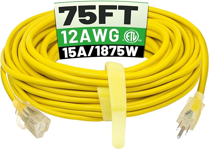 POWGRN 12/3 75 Ft Outdoor Extension Cord Waterproof Heavy Duty with Lighted Indicator 12 Gauge 3 Prong, Flexible Cold-Resistant Long Power Cord Outside, 15Amp 1875W SJTW Yellow ETL Listed