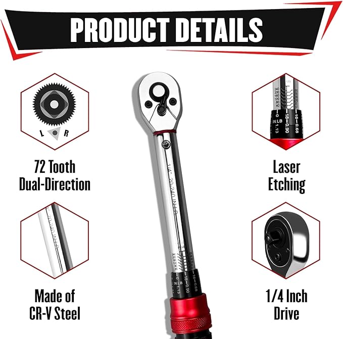 YIYITOOLS 27Pcs 1/4 Inch Drive Click Torque Wrench Set, Bike Maintenance Kit with Bit Sockets, Adapter, Universal Joint & Extension Bar, 2.3-27.1NM (20-240IN.LB) ±3% Precision