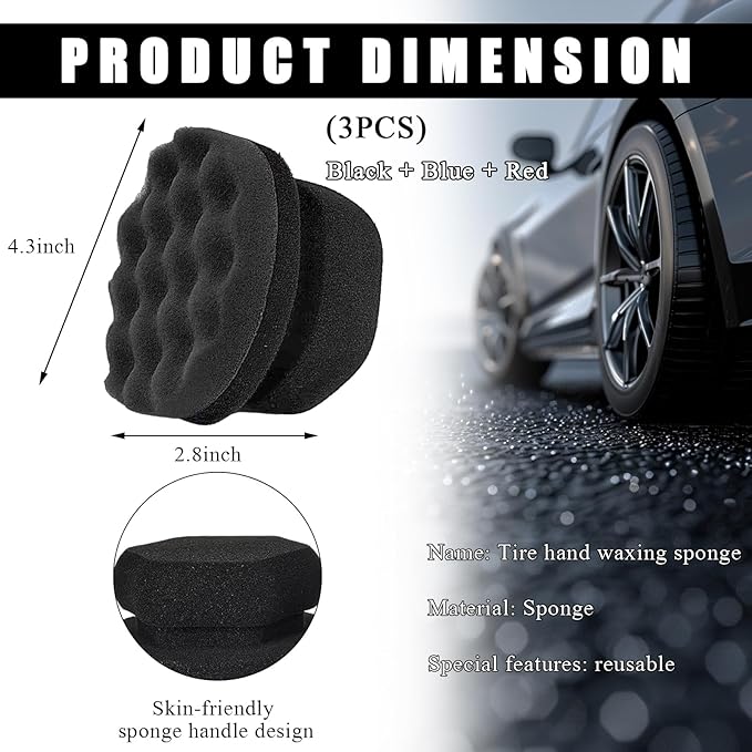 KVAEY 3 PCS Tire Dressing Applicator Pads, Reusable Hex Grip Tire Shine Applicator Polishing Sponge Pads, Wheel Tire Shine Detailing Foam for Most Vehicles, Car Accessories (Black+Blue+Red, 4.33")