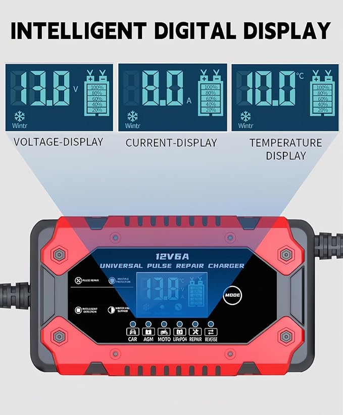 Battery Charger 6-Amp 12V Automatic Smart Battery Trickle Charger, Battery Maintainer Desulfator with Temperature Compensation for Car Truck Motorcycle Lawn Mower Marine