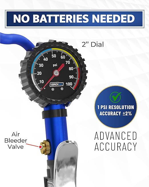 GERCHWAY Tire Inflator with Pressure Gauge and Longer Hose - Most Accurate, Heavy Duty Air Chuck with Gauge for Air Compressor Tire Inflator Attachment - 100PSI