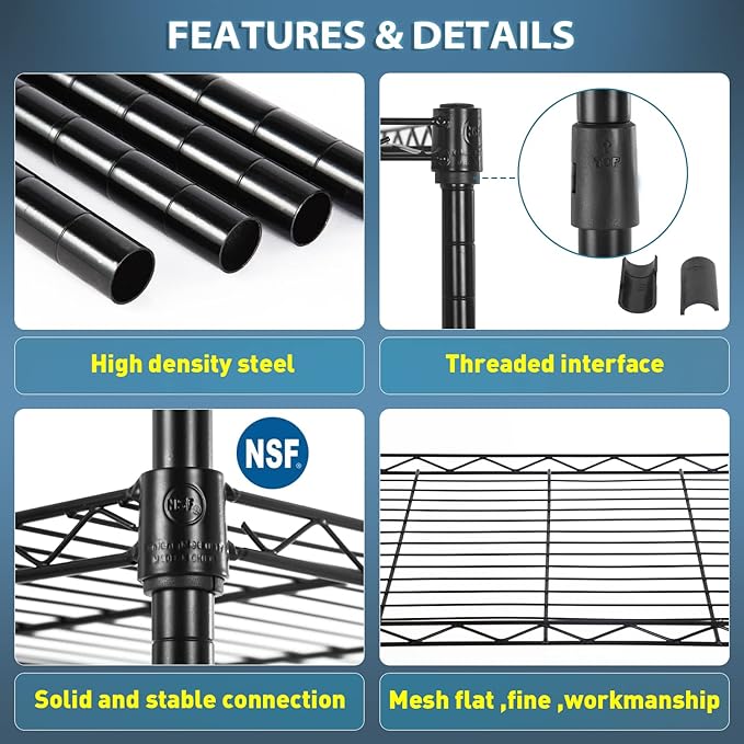 BestOffice Adjustable NSF-Certified Metal Shelf Wire Shelving Unit Storage for Small Places Restaurant Garage Pantry Kitchen Garage Rack (Black, 16.7L×11.8W×47.6H)