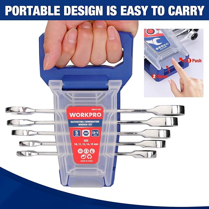 WORKPRO Ratcheting Wrench Set, Metric, 5-piece Ratcheting Combination Wrench Set, 10mm, 11mm, 13mm, 14mm, 15mm, 12-Point, CR-V Steel, with Organizer Rack