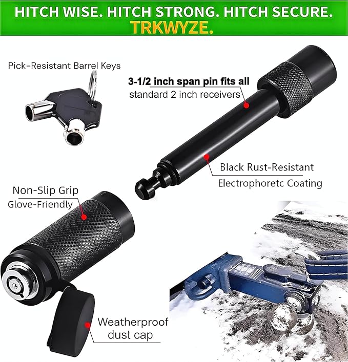 2-Pack Locking Hitch Pin, Keyed Alike — Rust-Resistant Hitch Pin Lock, 3-1/2" Span Hitch Lock for 2” & 2-1/2” Receivers, Pick-Resistant for Secure Towing (Keyed2Pack)