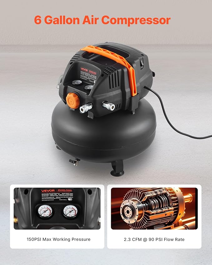 VEVOR 6 Gallon Air Compressor, 1.7HP 2.3CFM@90PSI Portable Pancake Air Compressor & 150PSI Max Pressure, 12-Piece Accessory Kit with 25FT Air Hose for Tire Inflation, Spray Painting, Woodwork Nailing