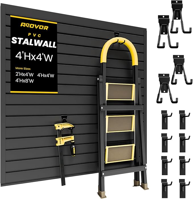 Slat Wall Paneling 4x4 FT, PVC Slat Wall Panels with 12 Hooks Heavy-Duty Garage Organization System, Slatwall Pegboard Suitable for Home、Garage、Shop Wall Display & Organization (Black)