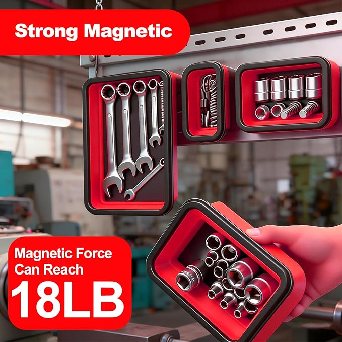 Collapsible Magnetic Parts Tray Set with Extra Strong Magnet Up to 18LB, 3 Different Size Silicone Foldable Tool for Organizing Screw Bolts Nuts Washers Pins and Other Small Metal Parts - Red
