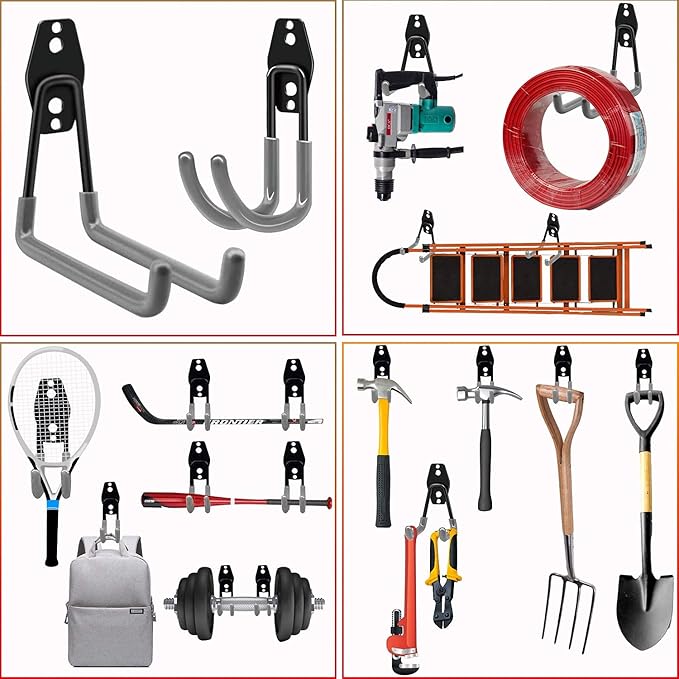 3-H Garage Wall Hooks Heavy Duty 8 Pack, Anti-Slip Steel Wall Mount Storage Hooks for Hanging Ladder Garden Yard Tools, Utility Organizer for Garage Lawn Shed(Gray)