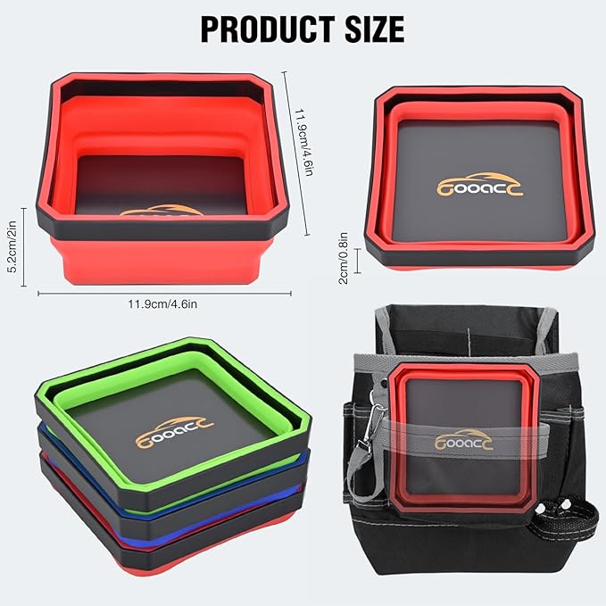 GOOACC 3 Pcs Square Collapsible Magnetic Parts Tray Set Multiple Colors Silicone Foldable Tool Trays Organizer for Screws Bolts Nuts Pins Washers and Other Small Metal Parts Double Sided Magnet Base