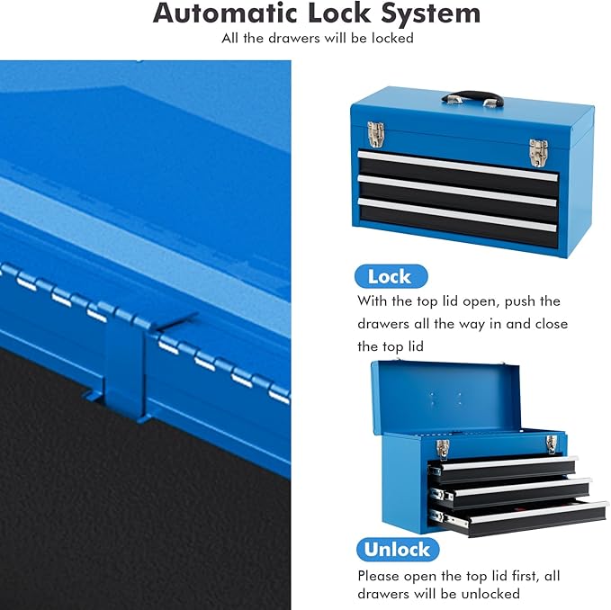 Goplus Tool Box with 3 Drawers, 4-Tier 20.5" Portable Tool Chest Organizer with Top Tool Tray, Auto Lock, Protective Liner, Handle, Steel Metal Small Toolbox for Gargae, Workshop, Home