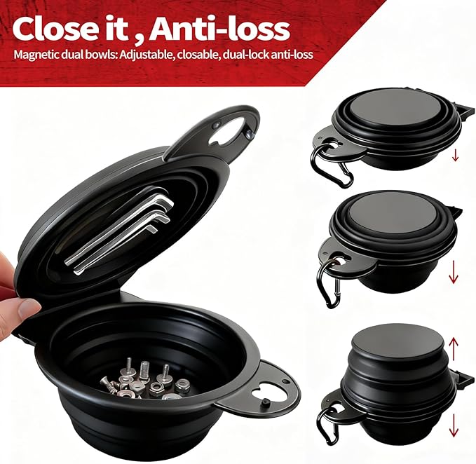 Collapsible Magnetic Parts Tray Set, New Upgraded Version Magnetic Trays, Integrated 5.1" Round Dual Silicone Bowls, Multi-Use Nuts And Bolts Organizer, Bonus Hook for On-the-Go Carry (black2.0)