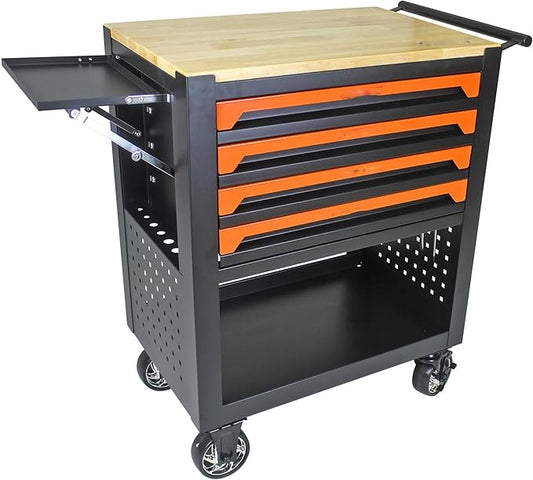 36" Tool Box with Wheels,Tool Chest with 4 Drawers,Rolling Tool Cart with Wooden Top Workbench ,660lbs Load Tool Cabinet with Locked Drawers Storage Organizer Cabinet for Garage, Repair Shop, Workshop